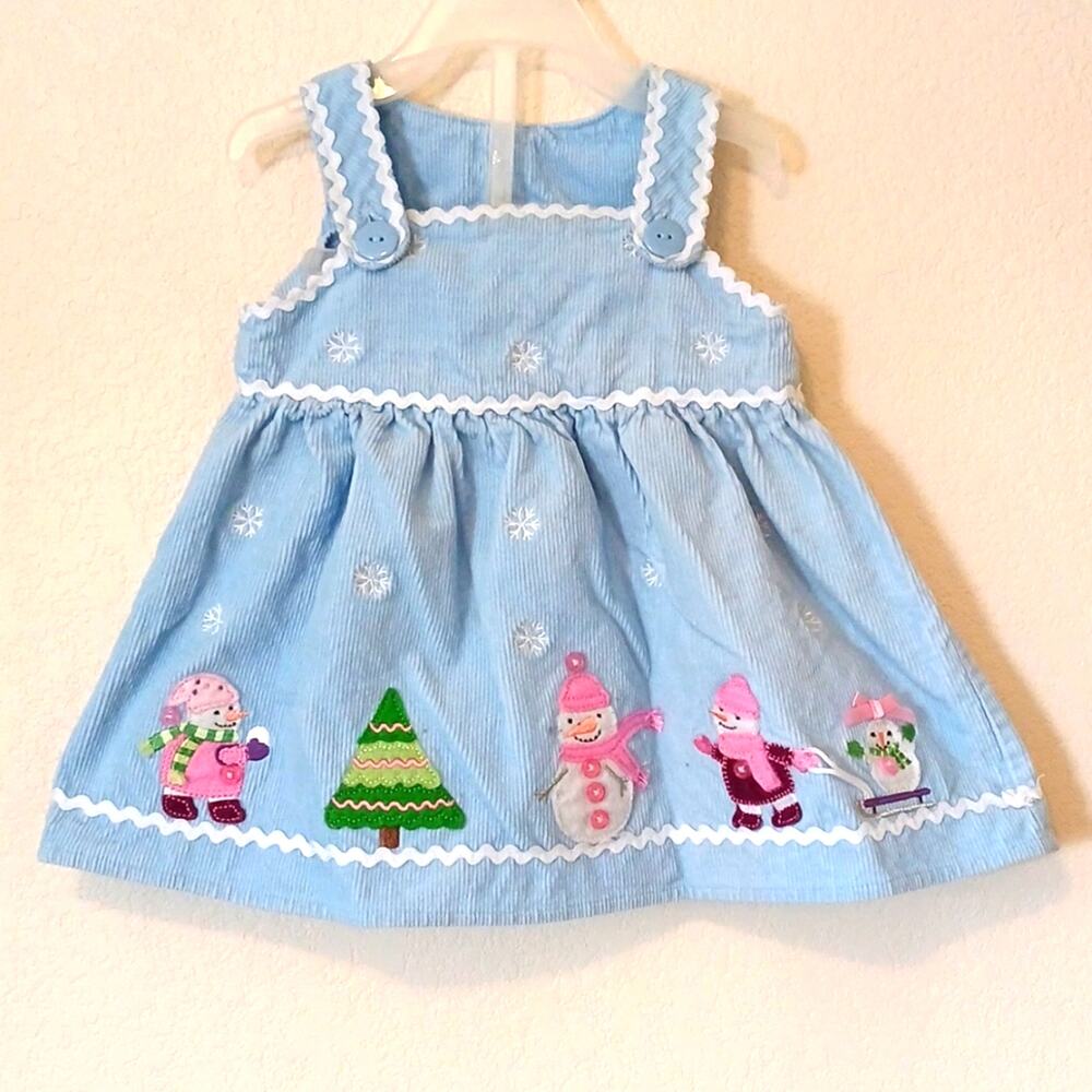 Vintage B.T. Kids Snowman Applique Winter Corduroy Overall Dress 6-9M